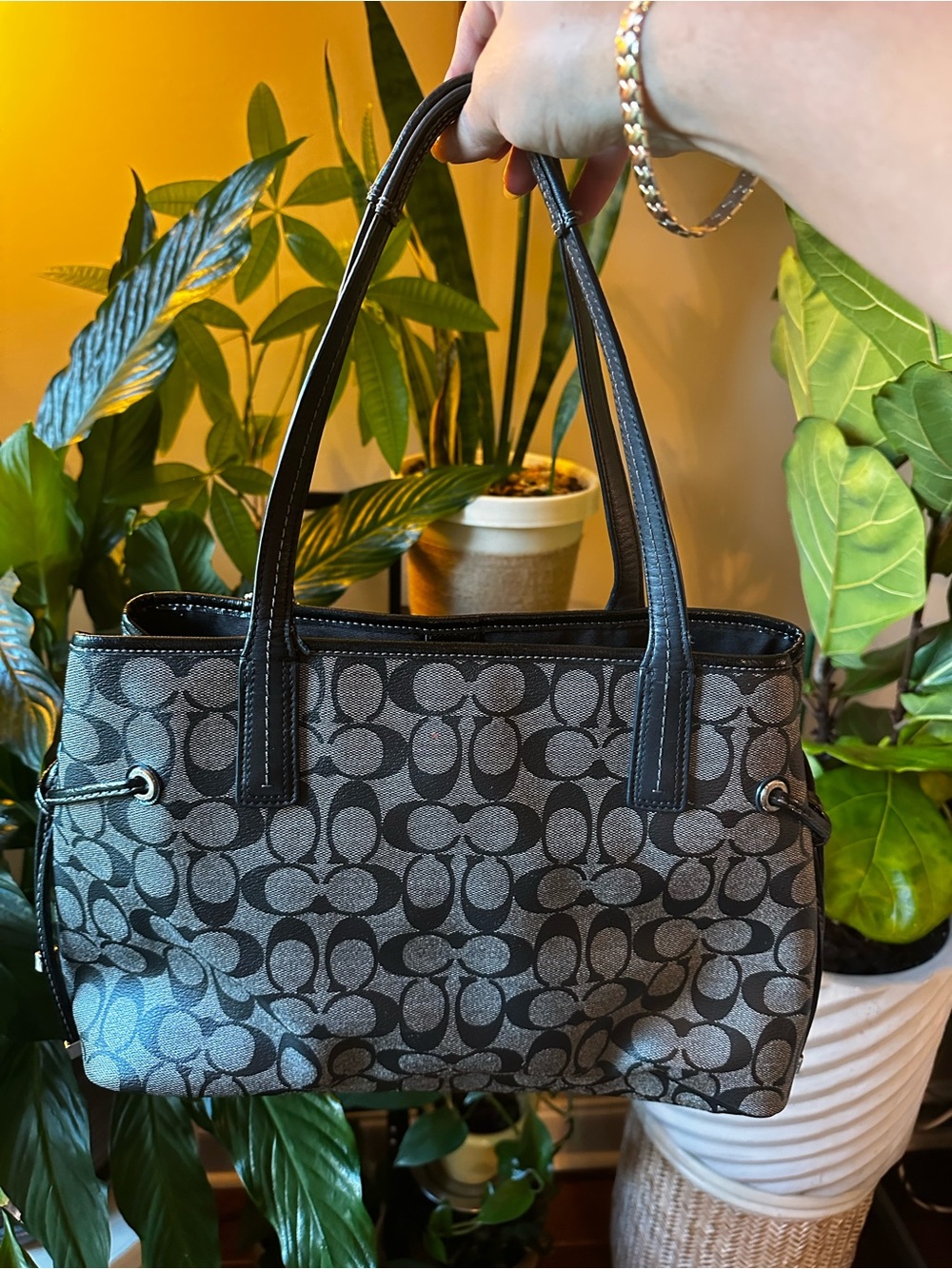 Authentic Coach Black, Charcoal & White Signature Stripe Tote - Picture 2 of 8